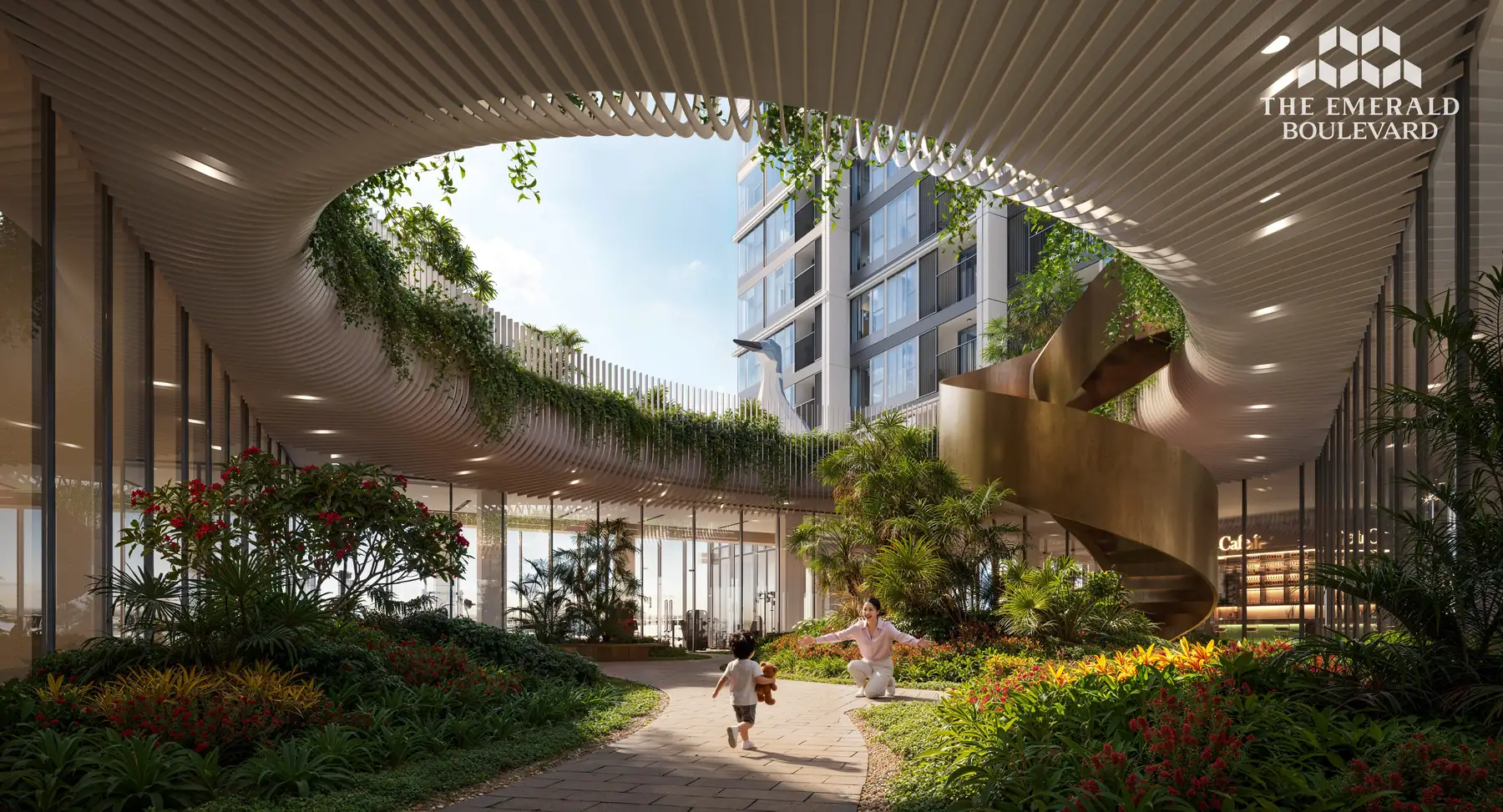 Vườn nội khu The Emerald Boulevard với mái uốn lượn, cầu thang xoắn và khu café ở khối đế